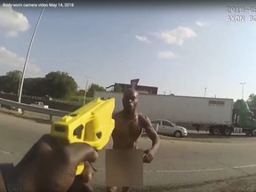 This still image taken from the Richmond, Va., Police body camera shows Richmond Police officer holding a stun gun as Marcus-David Peters approaches him on May 14, 2018 in Richmond, Va.