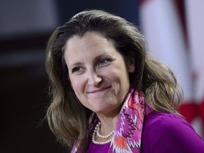 Foreign Affairs Minister Chrystia Freeland makes an announcement at the National Press Theatre in Ottawa on Wednesday, May 23, 2018. (THE CANADIAN PRESS/Sean Kilpatrick)