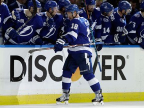 Tampa Bay Lightning left winger Ondrej Palat celebrates with the bench after his goal against the Boston Bruins during Game 2 on April 30, 2018