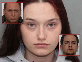 Rebecca Horton, 22, Daylo Robinson, 27, (top left inset) and Tyler Vickers, 27, (Bottom right, inset) were charged by Toronto Police in an ongoing human trafficking investigation.