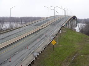 A bridge on the Trans-Canada Highway, spanning the Saint John River, is seen near Jemseg, N.B. on Friday, May 4, 2018 as the road between Fredericton and Moncton is closed.