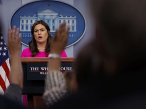 White House press secretary Sarah Huckabee Sanders speaks during the daily press briefing at the White House, Wednesday, May 9, 2018, in Washington.