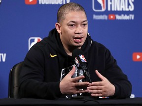 Cleveland Cavaliers head coach Tyronn Lue answers questions before the start of practice, Wednesday, May 30, 2018, in Oakland, Calif. (AP Photo/Marcio Jose Sanchez)