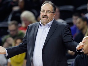 In this Jan. 23, 2017, file photo, Detroit Pistons head coach Stan Van Gundy looks towards the referees during the first half of an NBA basketball game against the Sacramento Kings in Auburn Hills, Mich.