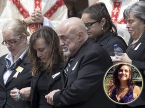 Rocco and Carmela D'Amico follow the casket of their daughter Anne Marie (inset) following her funeral service in Toronto on Wednesday, May 2, 2018.  THE CANADIAN PRESS/Chris Young/Facebook/HO