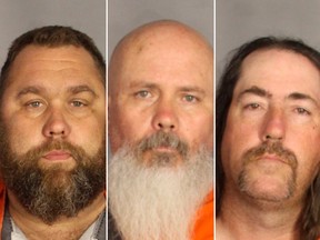 File booking photos provided by the McLennan County Sheriff's office show Glenn Walker, left, Jeff Battey, middle, and Ray Allen who were arrested during the motorcycle gang related shooting at the Twin Peaks restaurant in Waco, Texas on May 17, 2015. (McLennan County Sheriff's Office via AP, file photos)