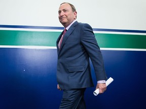 NHL Commissioner Gary Bettman arrives to announce the 2019 NHL  draft will be held in Vancouver during a news conference on Feb. 28, 2018