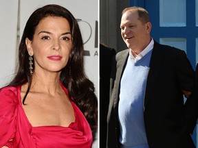 In this June 12, 2011 file photo, Annabella Sciorra arrives at the 65th annual Tony Awards, in New York. (AP Photo/Charles Sykes, File) and Harvey Weinstein is led out of the New York Police Department's First Precinct in handcuffs after being arrested and processed on charges of rape, committing a criminal sex act, sexual abuse and sexual misconduct on May 25, 2018 in New York City. (Photo by Spencer Platt/Getty Images)