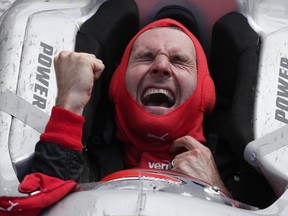 Will Power celebrates after winning the Indianapolis 500 at Indianapolis Motor Speedway in Indianapolis, Sunday, May 27, 2018.