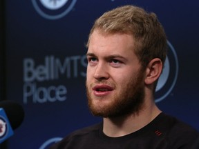 Andrew Copp considers a question during the Winnipeg Jets final media availability at Bell MTS Place in Winnipeg on Tues., May 22, 2018. Kevin King/Winnipeg Sun/Postmedia Network