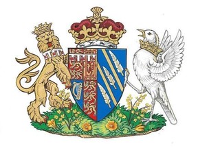 This generated image made available Friday, May 25, 2018 by Kensington Palace shows the newly created coat of arms of Meghan Duchess of Sussex. Mehgan Markle and Prince Harry married on Saturday, May 19, and are now known as The Duke and Duchess of Sussex.