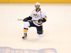 Austin Watson of the Nashville Predators stretches during warm-up prior to Game Five of the Western Conference Final during the 2017 Stanley Cup Playoffs at Honda Center on May 20, 2017 in Anaheim, California. (Sean M. Haffey/Getty Images)