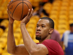 Rodney Hood of the Cleveland Cavaliers warms up before Game Four of the 2018 NBA Eastern Conference Finals against the Boston Celtics at Quicken Loans Arena on May 21, 2018 in Cleveland, Ohio. (Gregory Shamus/Getty Images)