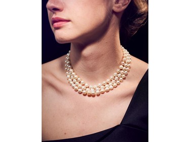 A model poses with a necklace featuring 331 natural pearls that belonged to Marie-Antoinette, Queen of France and will be auctioned in the "Royal Jewels from the Bourbon-Parma Family" sale at Sotheby's Geneva on Nov. 12, 2018, at Sotheby's on June 12, 2018 in London, England.