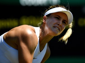 Eugenie Bouchard of Canada serves against Lin Zhu of China during Wimbledon Championships Qualifying - Day 2 at The Bank of England Sports Centre on June 26, 2018 in London, England. (Justin Setterfield/Getty Images)