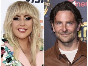 This combination of photos shows Lady Gaga, left, at a premiere for "Gaga: Five Foot Two" at the Toronto International Film Festival in Toronto on Sept. 8, 2017 and Bradley Cooper at the Warner Bros. presentation at CinemaCon 2018, at Caesars Palace in Las Vegas on April 24, 2018. Lady Gaga and Bradley Cooper sing in the first trailer for the upcoming remake of the 1937 film "A Star Is Born." (Invision/AP)