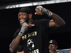 Undefeated heavyweight  champion Deontay Wilder throws punches during a media workout at the Barclays Center Atrium on Feb. 28, 2018 before his upcoming fight on March 3 against unbeaten contender Luis Ortiz. (Timothy A. Clary/Getty Images)