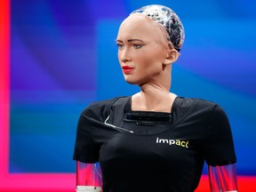 Humanoid robot "Sophia" is presented during the "Impact 2018" digital economy forum on June 13, 2018 in Krakow, Poland. (Tomasz Wiech/Getty Images)
