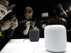 In this Monday, June 5, 2017, file photo, the HomePod speaker is photographed in a a showroom during an announcement of new products at the Apple Worldwide Developers Conference in San Jose, Calif. (AP Photo/Marcio Jose Sanchez, File)