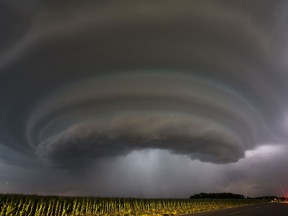 A severe thunderstorm makes its way towards Wichita, Kan., on Tuesday, June, 26, 2018. Multiple storms erupted over south-central Kansas on Tuesday.