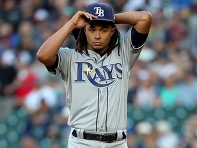 Chris Archer of the Tampa Bay Rays reacts during a game against the Mariners at Safeco Field on June 2, 2018 in Seattle. (Abbie Parr/Getty Images)