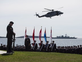 A soldier stands guard as military marching units take part in a ceremony commemorating the 73rd anniversary of the Battle of the Atlantic in Halifax on Sunday, May 6, 2018. (The Canadian Press/Darren Calabrese)