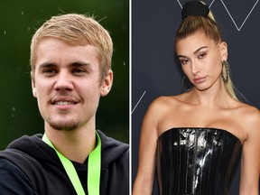 Justin Bieber attends a practice round prior to the 2017 PGA Championship at Quail Hollow Club on August 8, 2017 in Charlotte, North Carolina. (Photo by Stuart Franklin/Getty Images) and Hailey Baldwin attends the 2018 Whitney Gala Sponsored By Audi on May 22, 2018 at Whitney Museum of American Art in New York City. (Photo by Dimitrios Kambouris/Getty Images for The Whitney Museum of American Art)