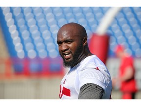 Calgary Stampeders defensive lineman Ja'Gared Davis was photographed during Calgary Stampeders training camp at McMahon Stadium on Tuesday, May 22, 2018.