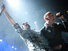 Mike Shinoda, left, and Chester Bennington of Linkin Park perform at the Air Canada Centre in Toronto on Tuesday Feb. 8, 2011. (Mark O'Neill/Toronto Sun/Postmedia Network)