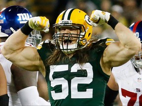 This is an Oct. 9, 2016, file photo showing Green Bay Packers' Clay Matthews celebrating a sack of New York Giants quarterback Eli Manning during the second half of an NFL football game, in Green Bay, Wis.