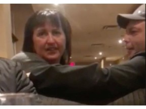Screen grabs of Kelly Pocha, the B.C. woman caught on camera in the middle of a racist tirade to a table of brown-skinned men sitting behind her at the Denny's in Lethbridge.