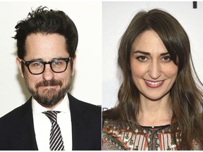 This combination photo shows filmmaker J.J. Abrams at HBO's Night of Too Many Stars in New York on Nov. 18, 2017, left, and singer-songwriter Sara Bareilles at Tribeca Talks with John Legend during the 2018 Tribeca Film Festival in New York on April 19, 2018.