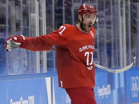 In this Feb. 17, 2018, file photo, Russia's Ilya Kovalchuk (71) celebrates after scoring a goal during the 2018 Winter Olympics in Gangneung, South Korea. Kovalchuk has agreed to a three-year, $18.75 million deal to return to the NHL with the Los Angeles Kings.