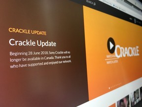 A notice on the Sony Crackle website is shown in Toronto on Wednesday, June 27, 2018. Sony Pictures' free streaming video platform Crackle is packing up its Hollywood movies and leaving Canada. THE CANADIAN PRESS