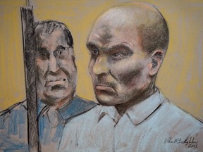 Bertrand Charest, who faced a total of 56 charges involving 11 young females, is seen on a court drawing during a bail hearing on March 16, 2015 in St-Jerome, Que.