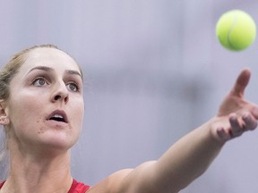 In this April 22, 2018, file photo, Canada's Gabriela Dabrowski serves during a match at the Fed Cup tennis tournament in Montreal.