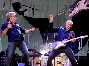Musicians Roger Daltrey (L) and Pete Townshend of The Who perform during Desert Trip at the Empire Polo Field on Oct. 16, 2016 in Indio, Calif.