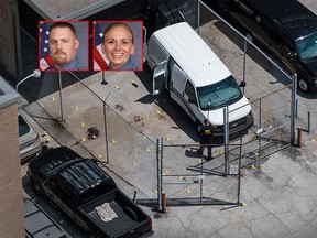 Evidence markers dot the pavement just outside the Wyandotte County courthouse where Deputy Theresa King, inset right, and Deputy Patrick Rohrer, inset left, were shot Friday, June 16, 2018, in Kansas City, Kan. Authorities say one sheriff's deputy is dead and another is critically wounded after they were overcome by an inmate while driving a transport vehicle near the courthouse. (The Kansas City Star via AP and Kansas City Kansas police department photos)