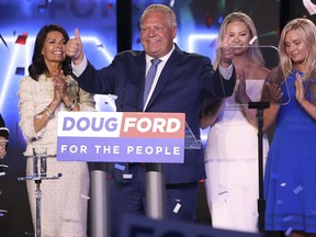 Ontario's Premier-designate Doug Ford with his family on stage after addressing his supporters at the Toronto Congress Centre on Thursday June 7, 2018.