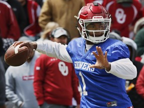 Oklahoma quarterback Kyler Murray passes during an NCAA college football spring intrasquad game in Norman, Okla. on April 14, 2018. (AP Photo/Sue Ogrocki)