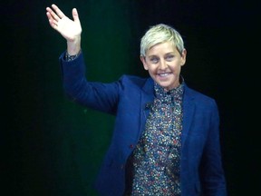 Ellen DeGeneres greets the crowd at the Saddledome in Calgary on April 21, 2018.