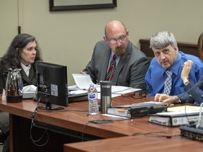 From left, Louise Turpin, attorney John Moore, David Turpin and attorney Allison Lowe attend a preliminary hearing, Wednesday, June 20, 2018, in Riverside, Calif. The Turpins face dozens of charges related to the alleged mistreatment of their 13 children, including child abuse and assault. (Irfan Khan/Los Angeles Times via AP, Pool)