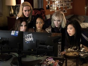 This image released by Warner Bros. shows, from foreground left, Sandra Bullock Sarah Paulson, Rihanna, Cate Blanchett and Awkwafina in a scene from "Ocean's 8."