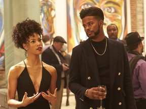 This image released by Sony Pictures shows Lex Scott Davis, left, and Trevor Jackson in a scene from the film, "Superfly."
