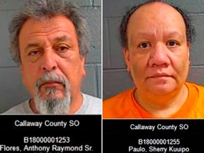 These photos provided by the Callaway County Sheriff's Office in Fulton, Mo., shows Anthony Flores and Sherry Paulo, two of five people charged Tuesday, June 5, 2018, in connection with the death of Carl DeBrodie.