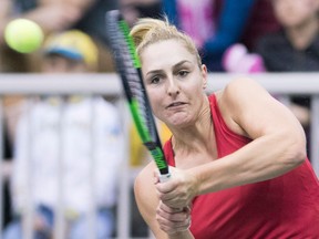 Gabriela Dabrowski of Canada returns to Kateryna Bondarenko of Ukraine during their Fed Cup tennis match in Montreal on April 22, 2018