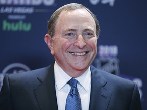Gary Bettman, commissioner of the National Hockey League, poses on the red carpet before the NHL Awards, Wednesday, June 20, 2018, in Las Vegas. (AP Photo/John Locher)