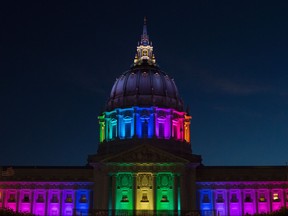 San Francisco City Hall is lit up in rainbow colors following Gay Pride in San Francisco, California on Sunday, June, 26, 2016. (Josh Edelson/Getty Images)