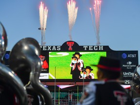 General view of fireworks during the National Anthem before the game between the Texas Tech Red Raiders and the Oklahoma Sooners on October 22, 2016 at AT&T Jones Stadium in Lubbock, Texas. (John Weast/Getty Images)