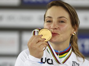 Kristina Vogel of Germany poses with her gold medal after winning Women's Keiren Final on Day 5 in 2017 UCI Track Cycling World Championships at Hong Kong Velodrome  on April 16, 2017 in Hong Kong.  (Kevin Lee/Getty Images)